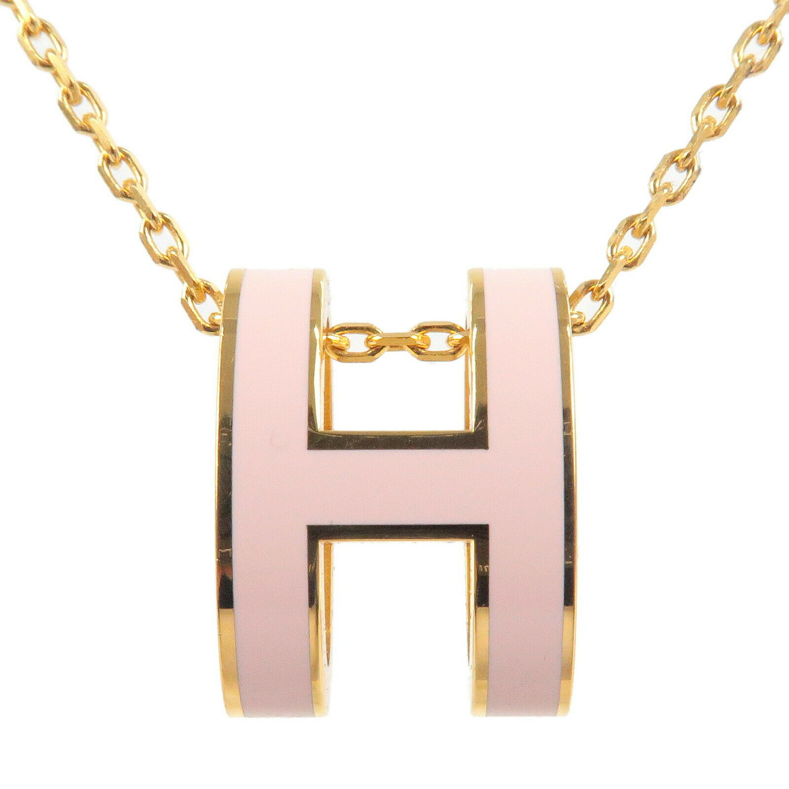Authentic Hermes Pop Ash H Logo Necklace Yellow Gold Rose Dragee Metal Used F/S