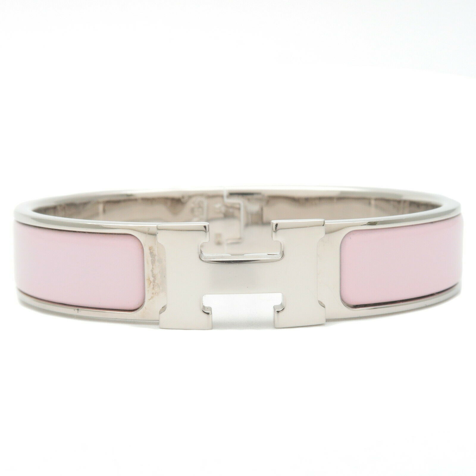 Authentic HERMES Clic Clac PM H Logo Bangle Bracelet Silver Pink Used F/S