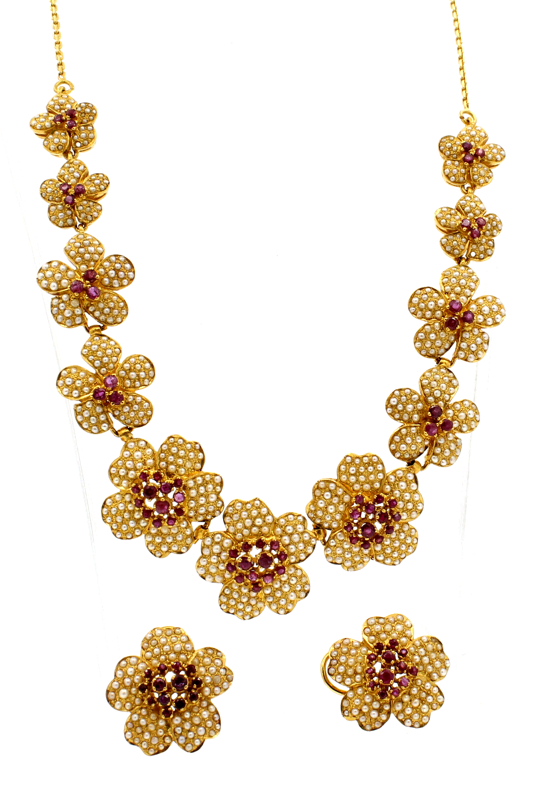 Fine Estate 22k Yellow Gold Ruby Seed Pearls Necklace Earrings Set 76.6 Grams