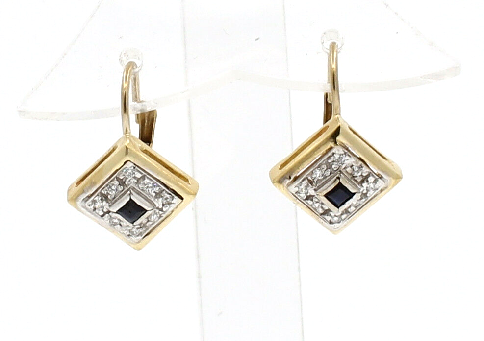 Fine Estate 14k Yellow Gold Diamond Sapphire Square Earrings