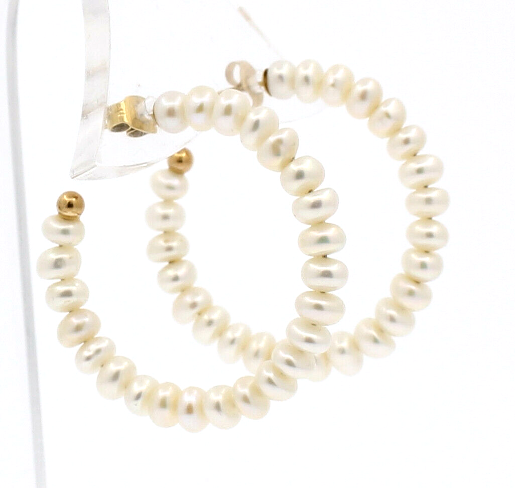 Fine Estate 14k Yellow Gold Pearl  Hoop Earrings