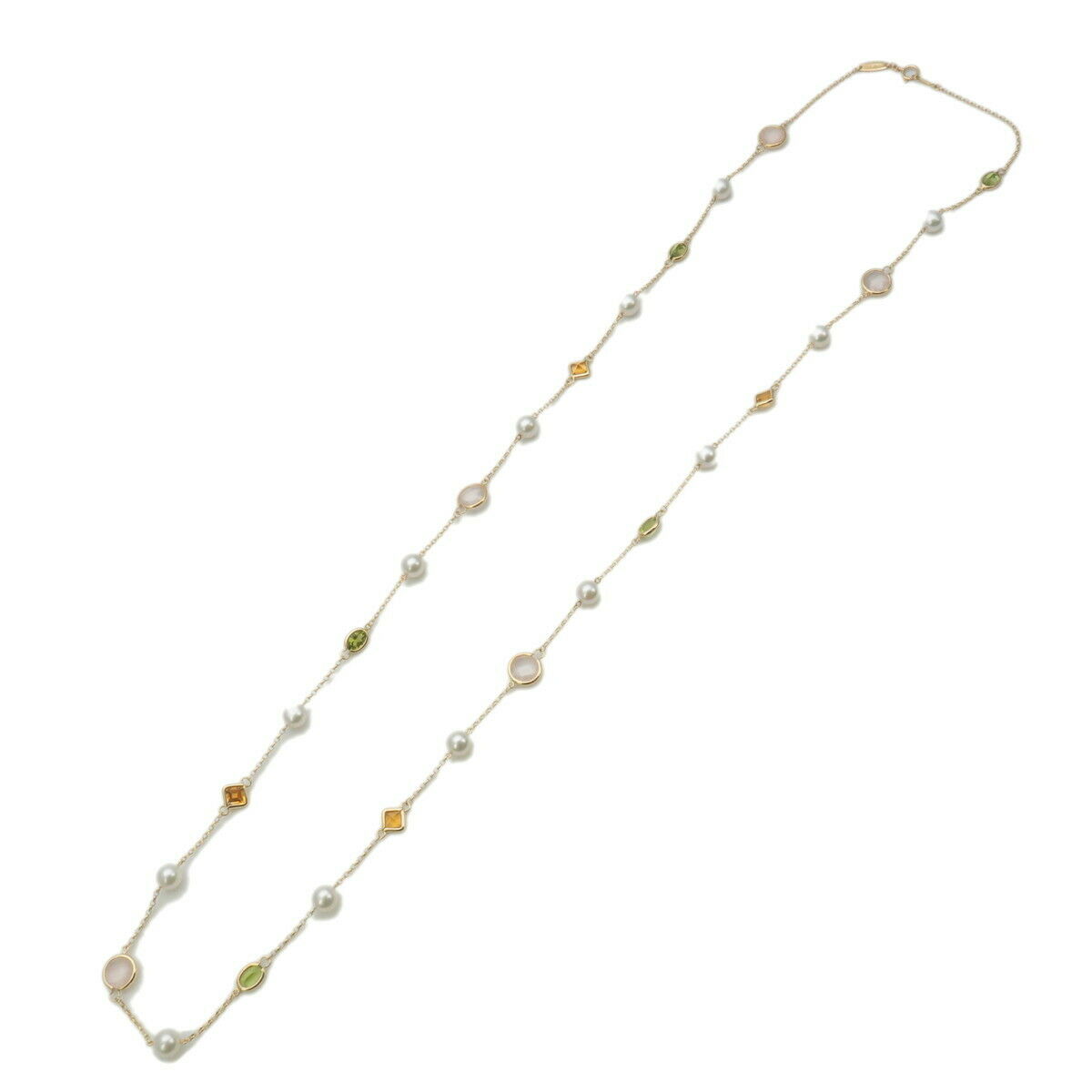 Auth Mikimoto Station Necklace Pearl Topaz Peridot Rose Quartz K18YG Used F/S