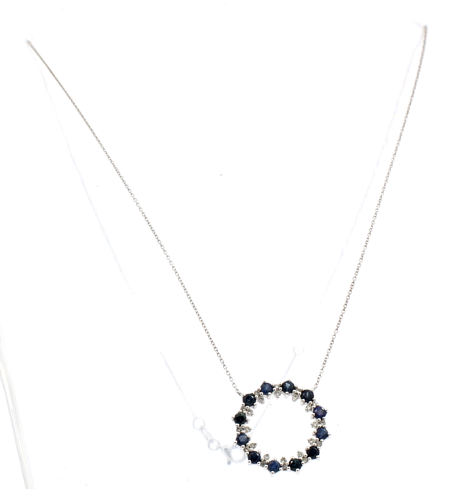 Fine Estate 14k White Gold Blue Sapphire Diamond Pendant 19" Necklace 2.8 Grams