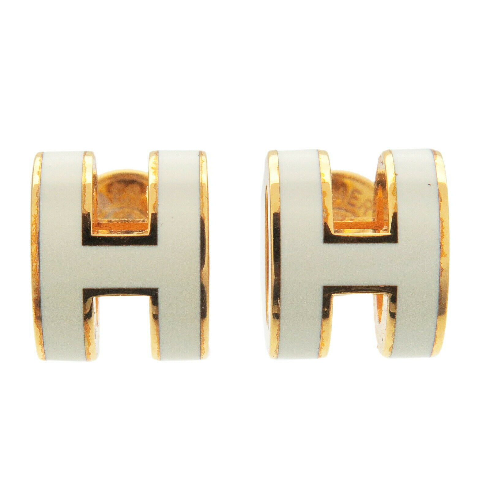 Authentic Hermes Pop Ash Mini H Logo Earrings Gold White Metal Used F/S