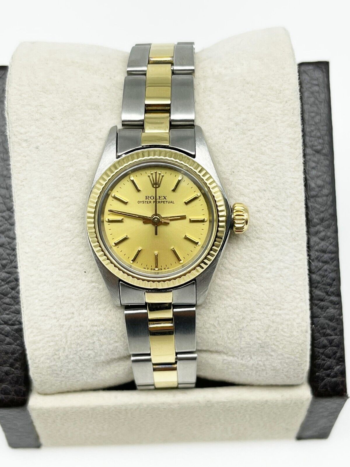 Rolex Ladies Oyster Perpetual Champagne Dial 18K Yellow Gold Steel
