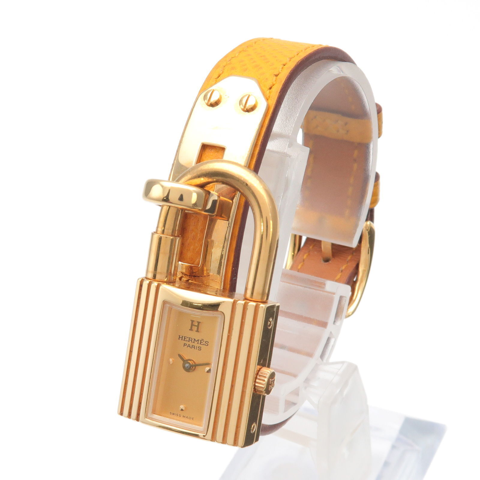 Authentic Hermes watch Hermès Clipper Steel Gold Watch Brown Leather Strap 34mm main image 3