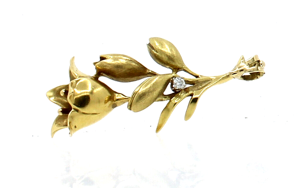 Fine Estate 18k Yellow Gold Lily Flower Diamond Pendant
