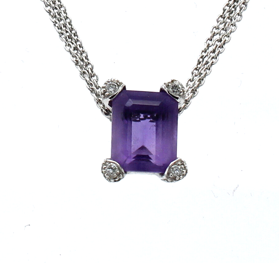 Fine Estate 14k White Gold 3 Chains Amethyst Diamond Pendant 17" Necklace