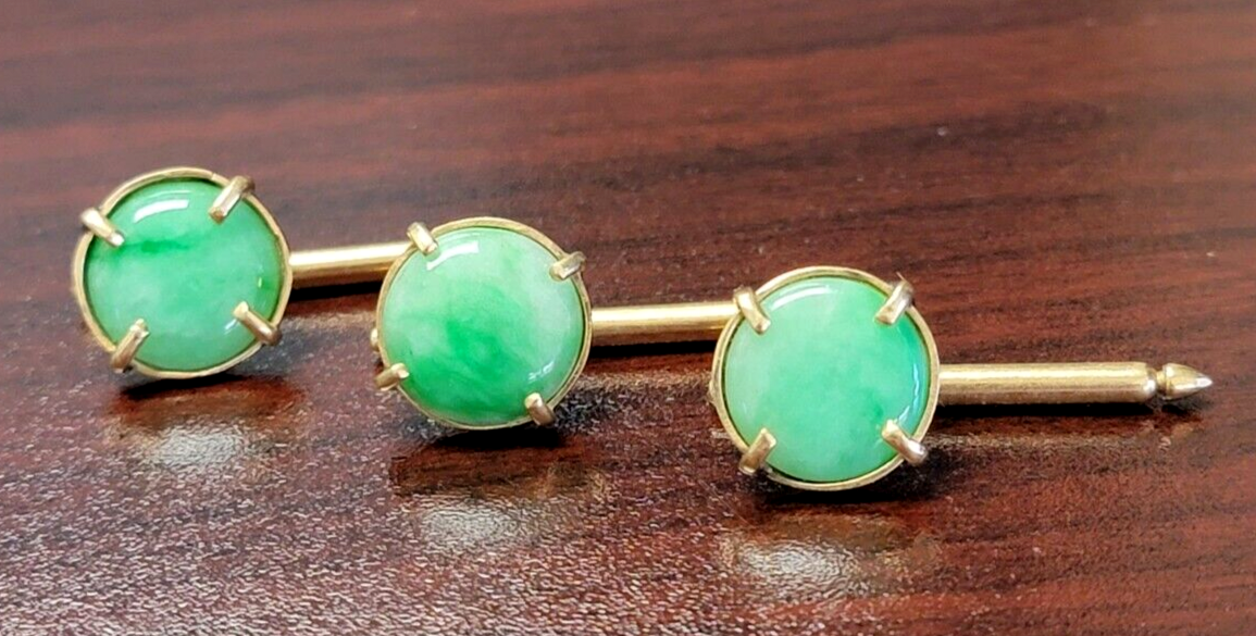 14k Yellow Gold "WRC" Round Green Jade 3 Tuxedo Buttons