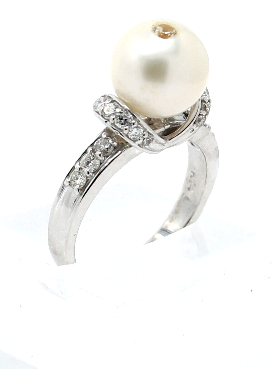 Estate 14k White Gold .7ct Diamond 10mm White Pearl Ladies Ring