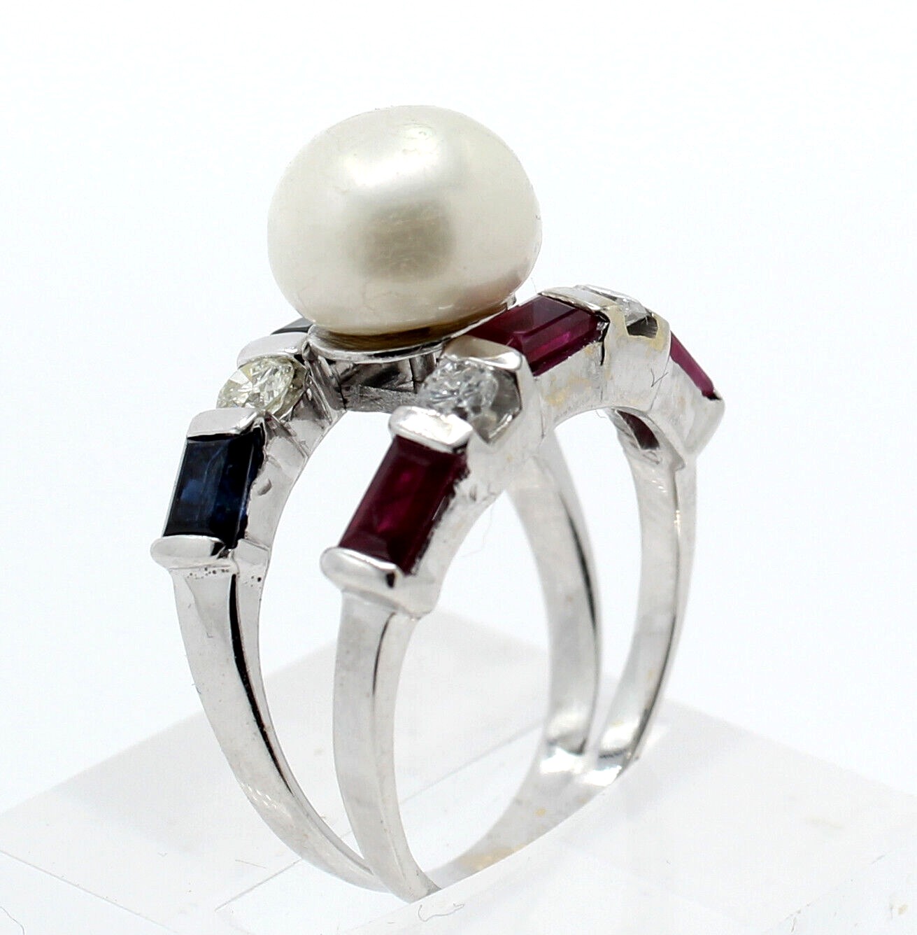 Estate 14k White Gold Ruby Sapphire Diamond Pearl Ladies Ring