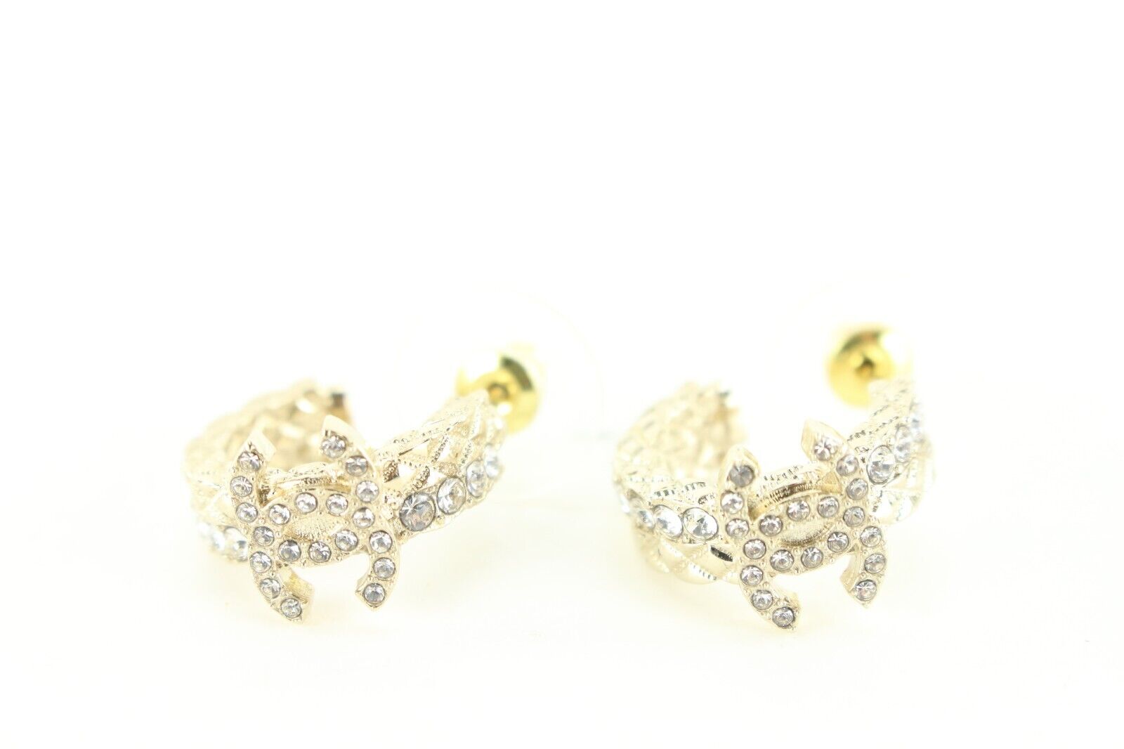 Chanel 23V Gold Quilted Crystal CC Hoop Earrings