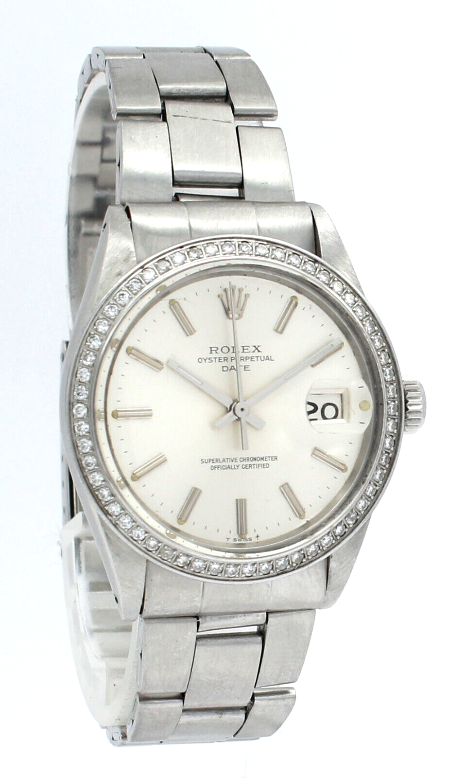 Mens Vintage ROLEX Oyster Perpetual Date Silver Dial Diamond Stainless