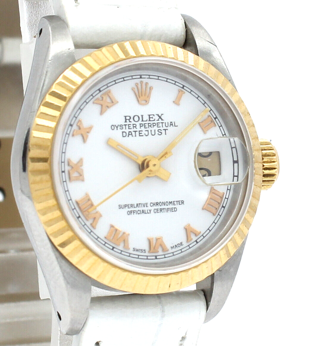 Ladies Vintage ROLEX Oyster Perpetual Datejust 26mm White Roman Dial Gold Watch