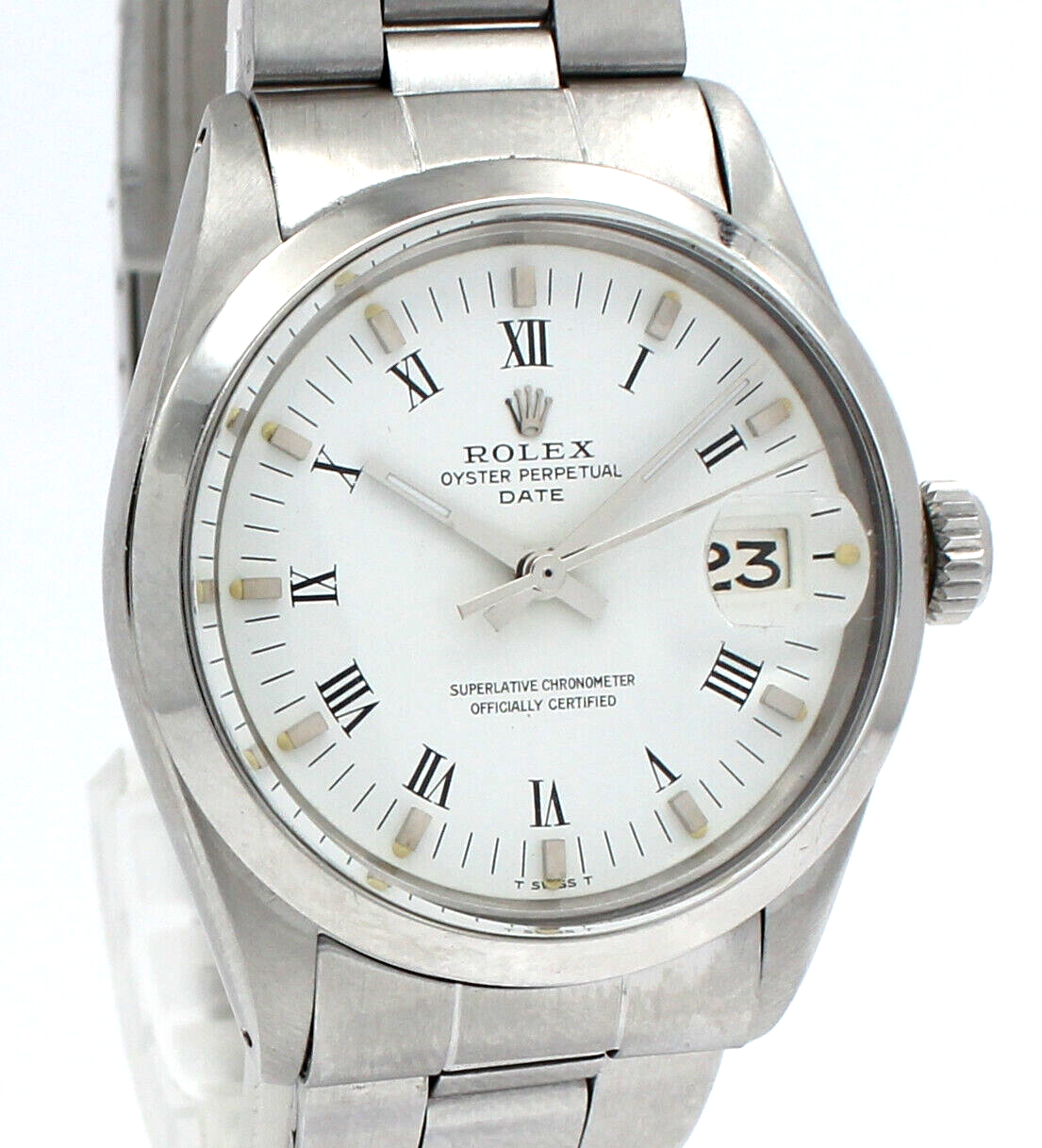 Men VINTAGE Rolex Oyster Perpetual Date Stainless Steel White Roman Buckley 34mm