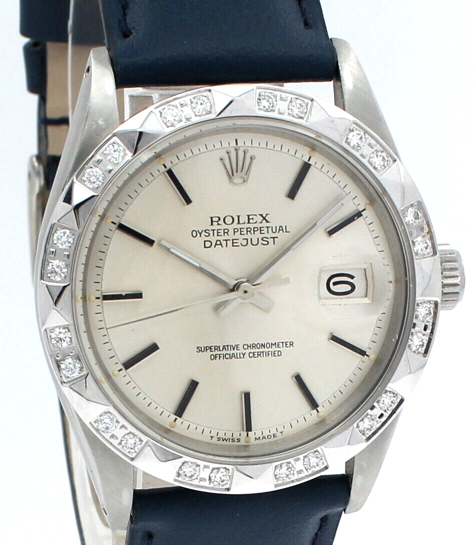 Men VINTAGE Rolex Oyster Perpetual Date Stainless Steel Silver Stick 36mm Watch