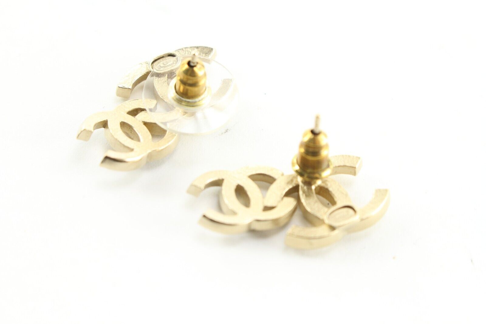 Chanel 22B Double CC Logo Pierce Earrings Crystal Black Gold