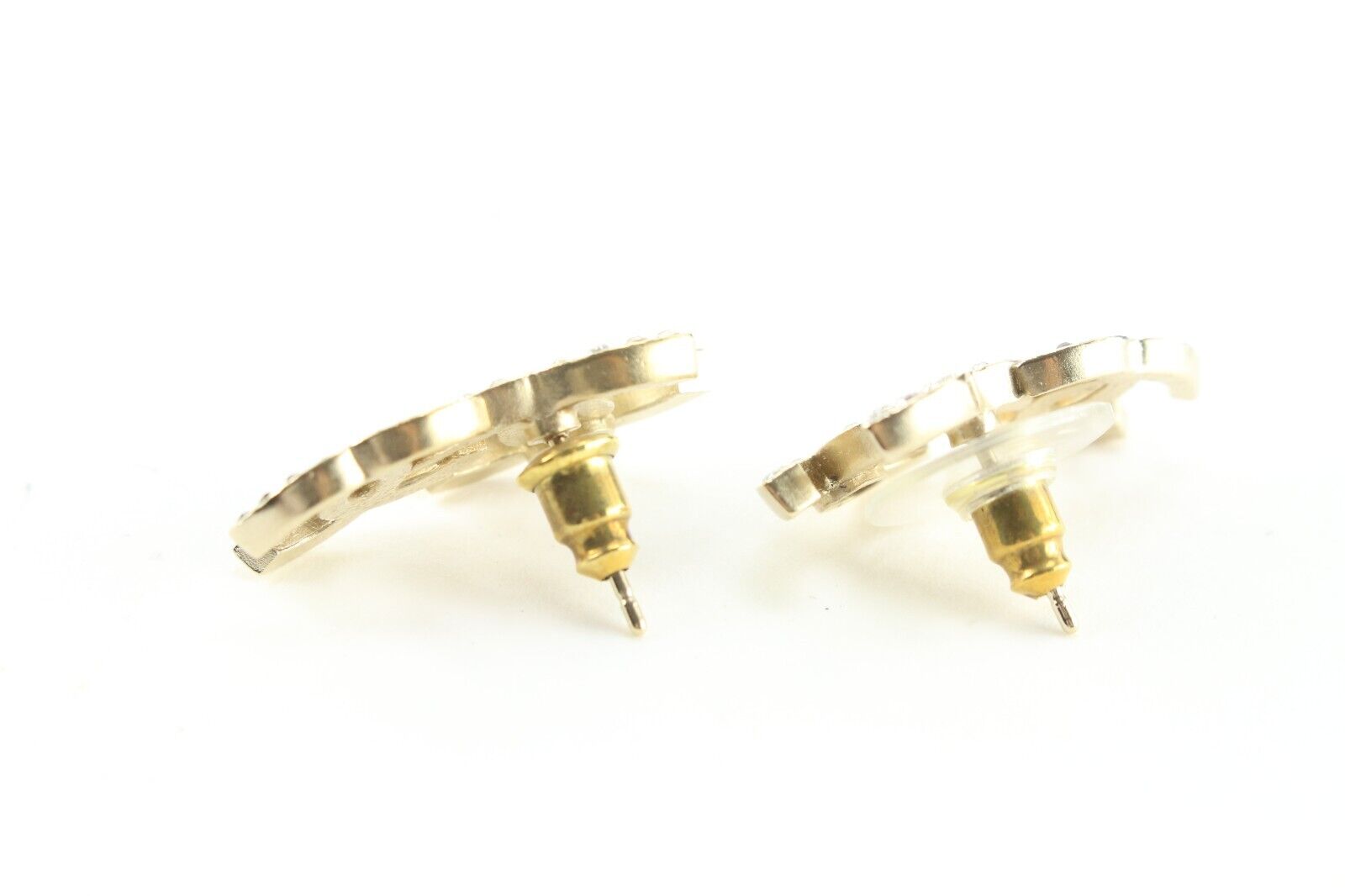 Chanel 22B Double CC Logo Pierce Earrings Crystal Black Gold 