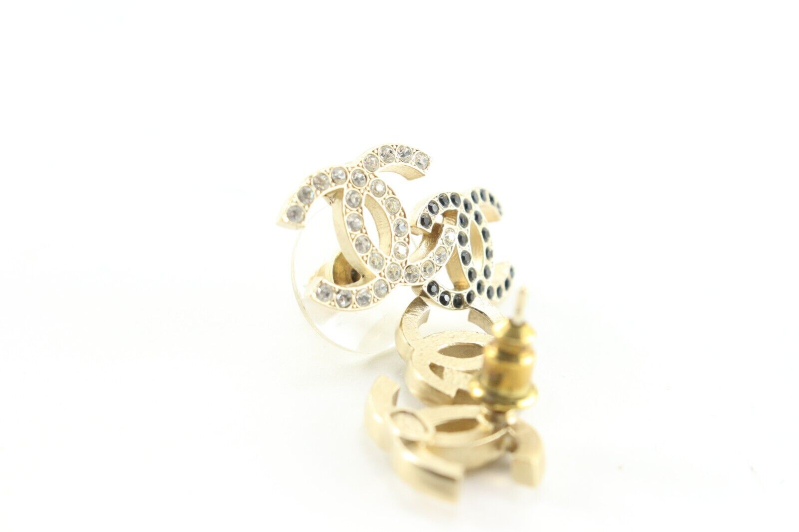 Chanel 22B Double CC Logo Pierce Earrings Crystal Black Gold 