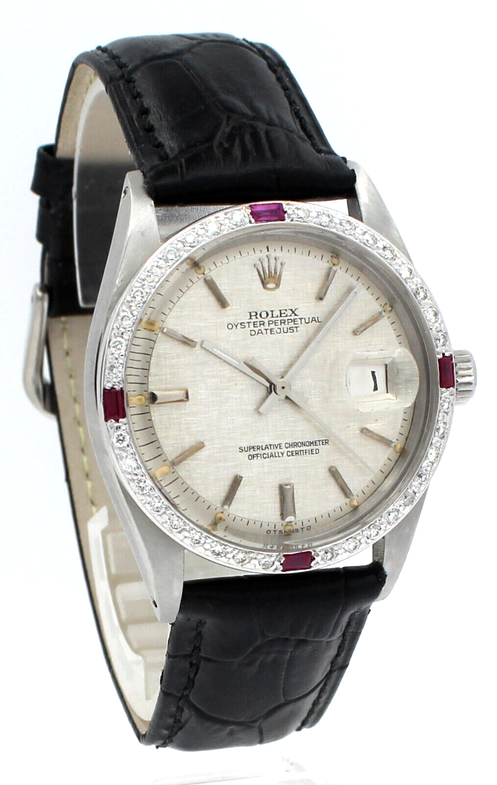 Mens Rolex Oyster Perpetual Datejust Stainless White Gold Diamonds Red 36mm