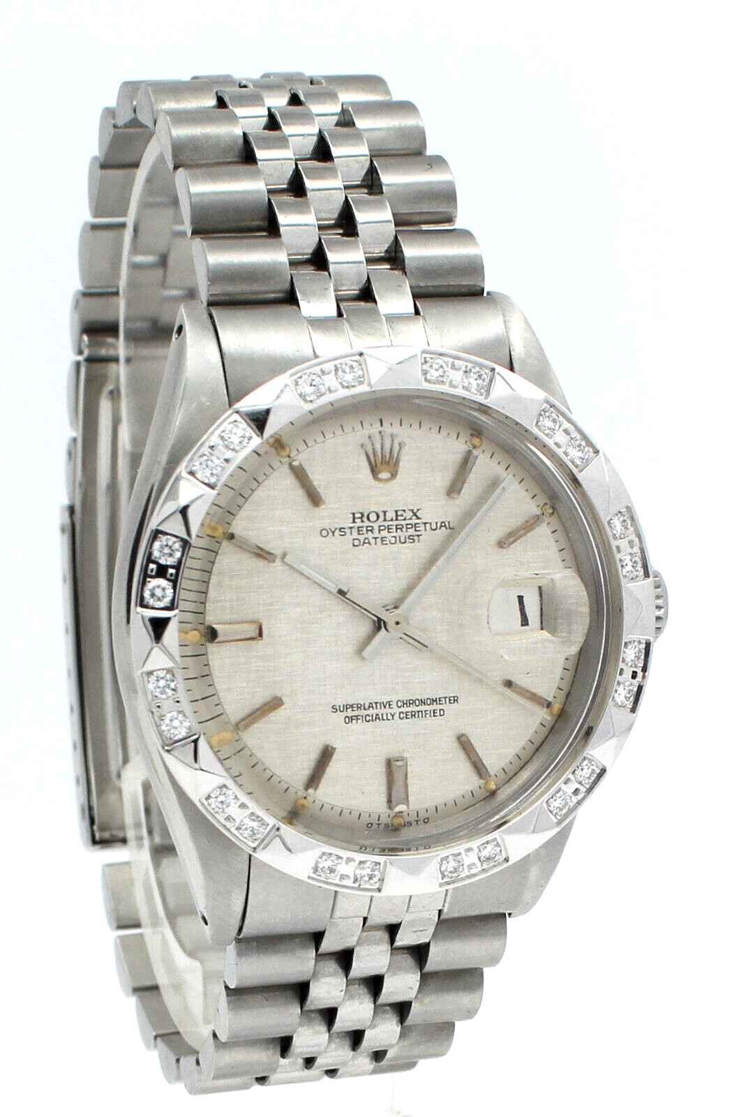 Men Vintage ROLEX Oyster Perpetual Datejust 36mm Silver Linen Dial Diamond Watch