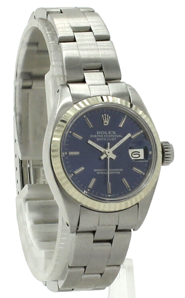 Ladies Vintage Rolex Oyster Perpetual Datejust White Gold Stainless Blue Dial
