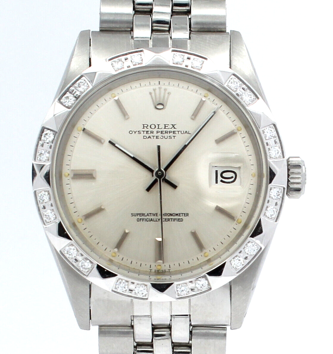 Mens Vintage ROLEX Oyster Perpetual Datejust 36mm Silver Dial White Gold Diamond