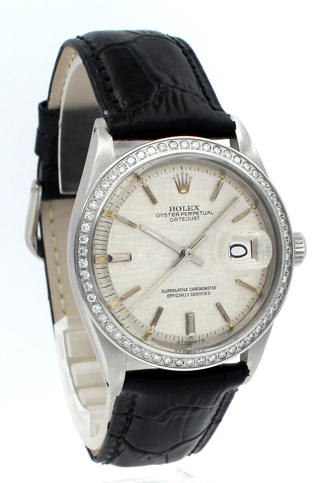 Men VINTAGE Rolex Oyster Perpetual Date Steel Diamond Silver Linen Dial 36mm