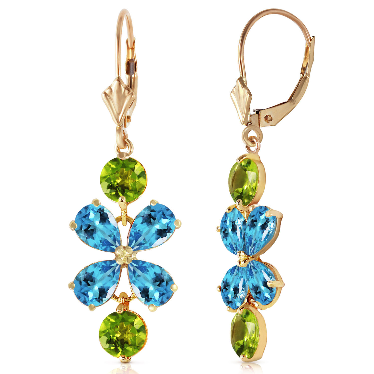 5.32 CTW 14K Solid Gold Petals Blue Topaz Peridot Earrings