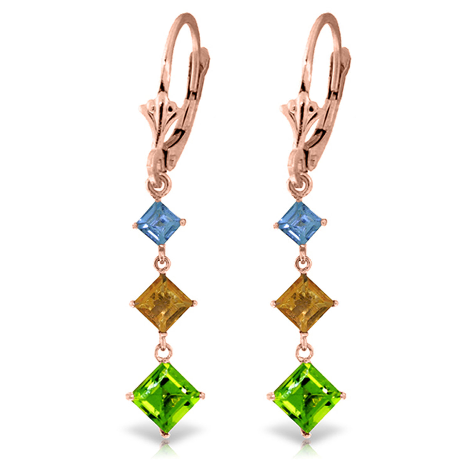 4.8 CTW 14K Solid Rose Gold Chandelier Earrings Blue Topaz, Citrine Peridot