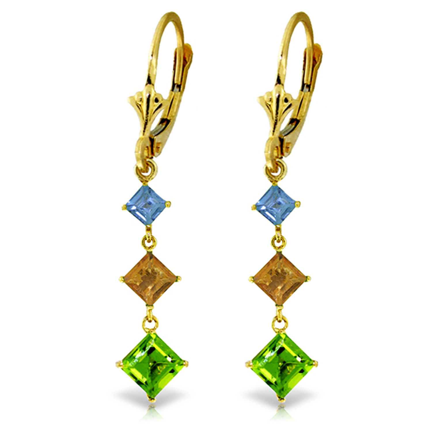 4.8 CTW 14K Solid Gold Waterdrops Blue Topaz, Citrine, Peridot Earrings