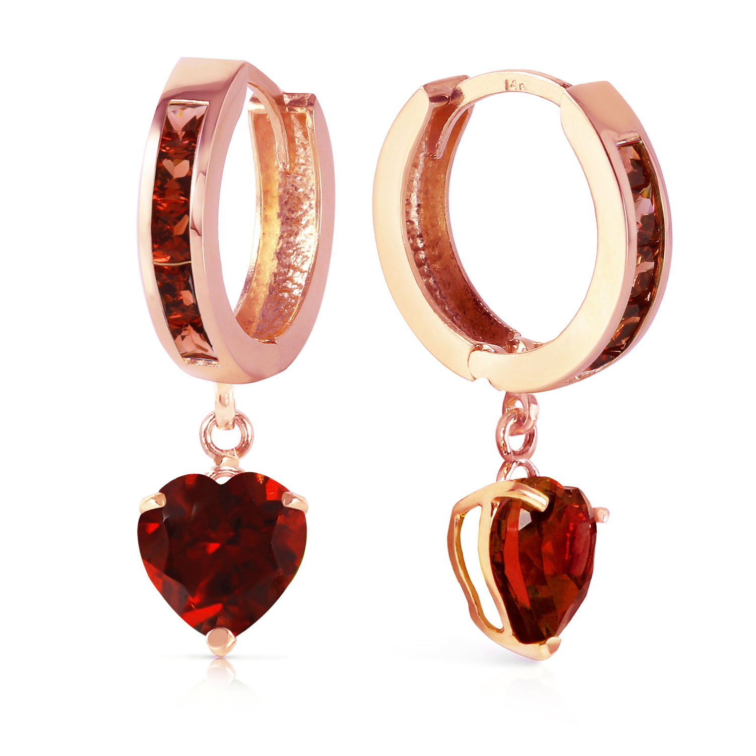 4.1 CTW 14K Solid Rose Gold Hoop Garnet Heart Drop Earrings