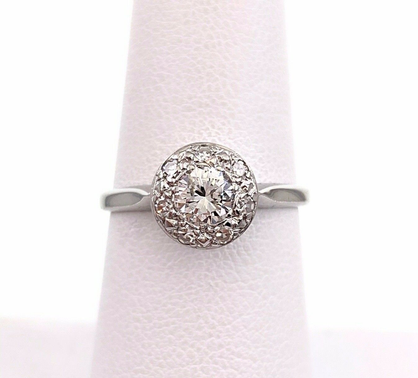 Vintage Diamond Halo Engagement Ring 14K White Gold