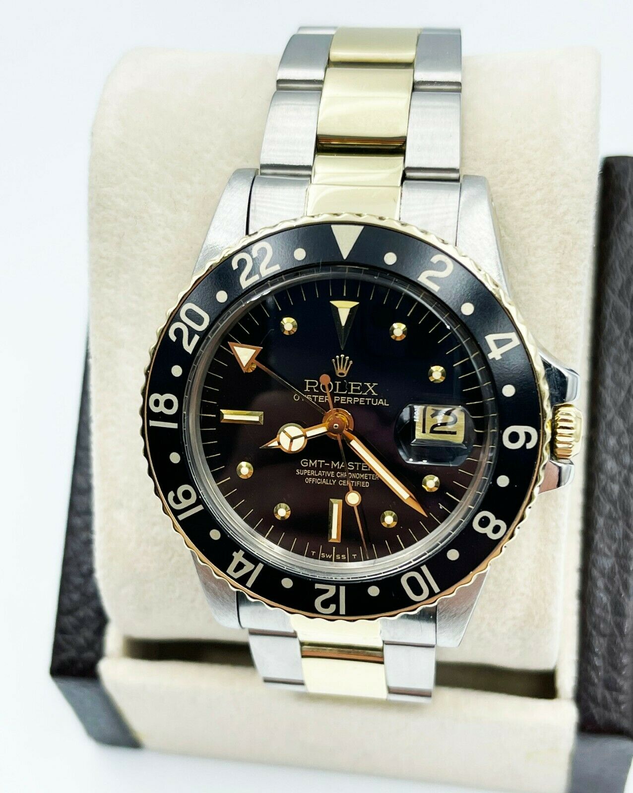 Rolex GMT Master 1675 Black Nipple Dial 14K Gold and Stainless 1978 Box Papers