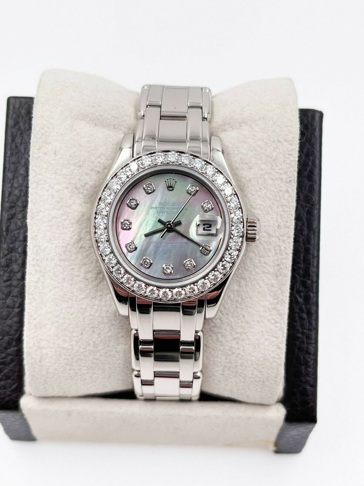 Rolex Pearlmaster 69299 Tahitian MOP Diamond Dial Bezel 18K White Gold Box Paper