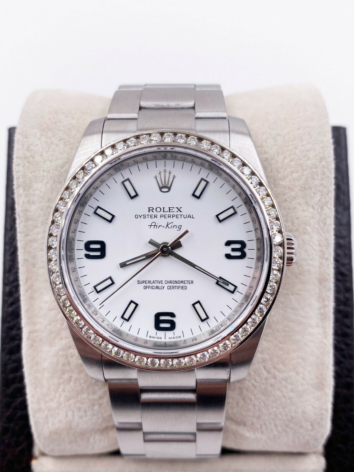 Rolex Air King 114200 White Dial Diamond Bezel Stainless Steel