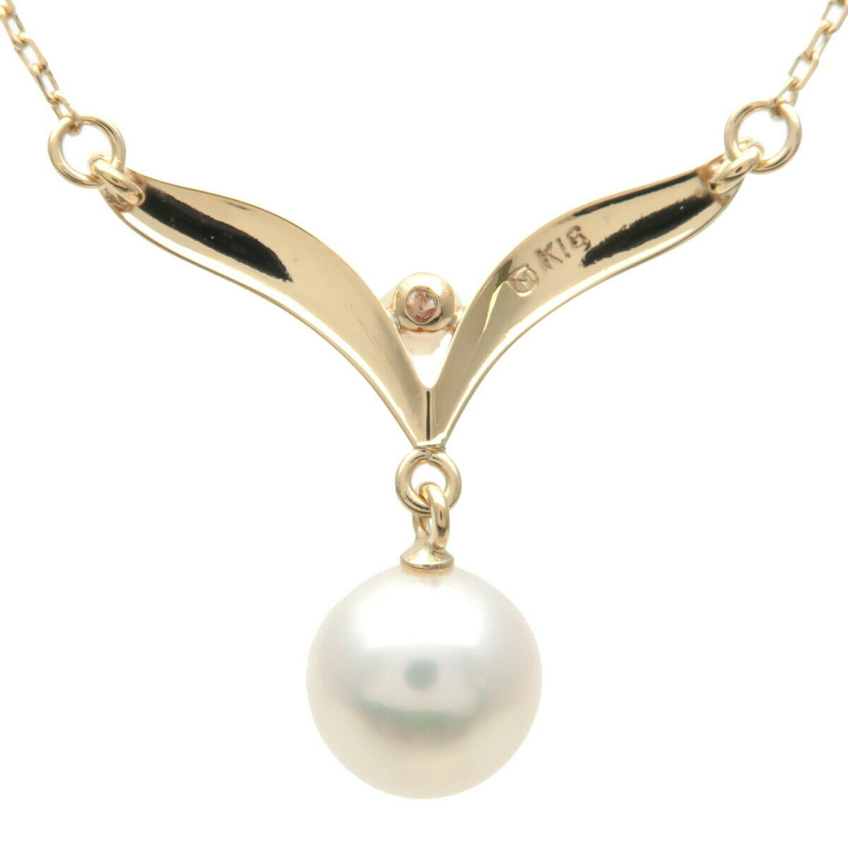 Authentic MIKIMOTO Pearl 7.3 mm Diamond Necklace K18YG 750 Yellow Gold Used F/S