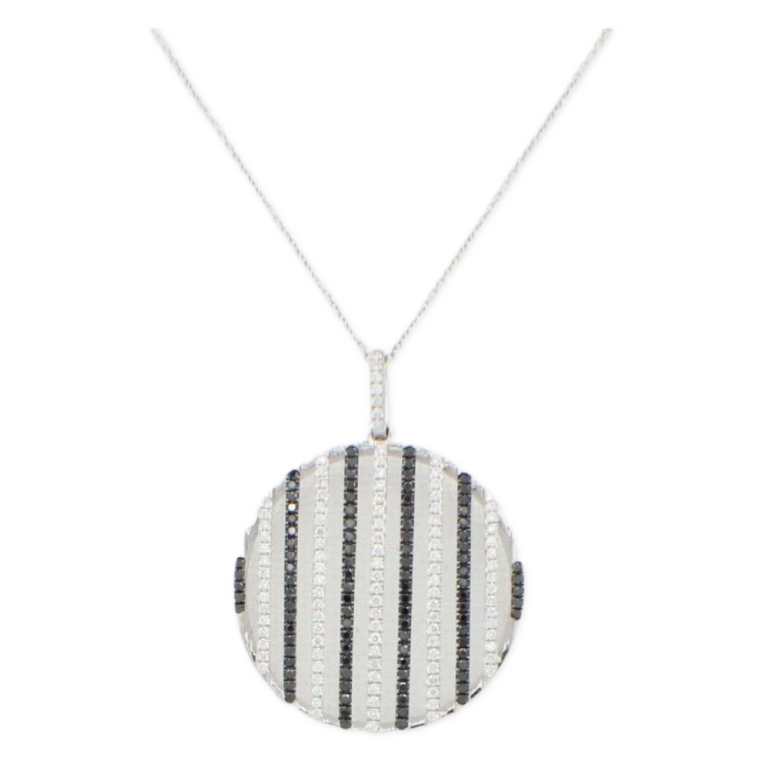 Ladies Black  White Diamond Circle Pendant Necklace 1.05 tcw 14k White Gold