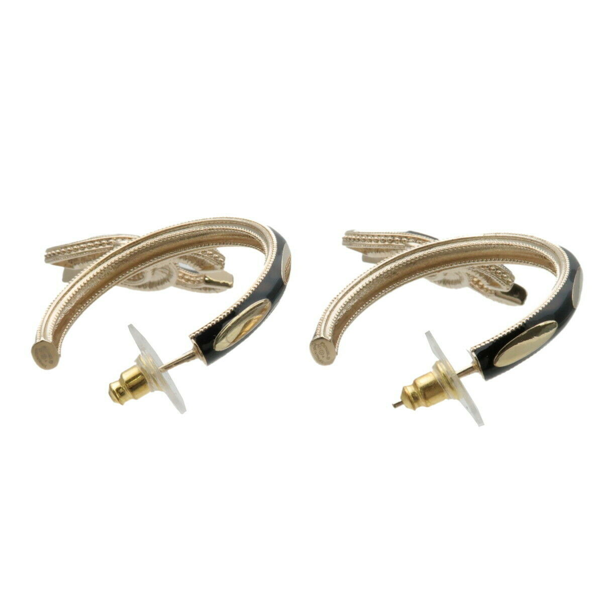 Authentic CHANEL Coco Mark Hoop Earrings Gold Black A21A 