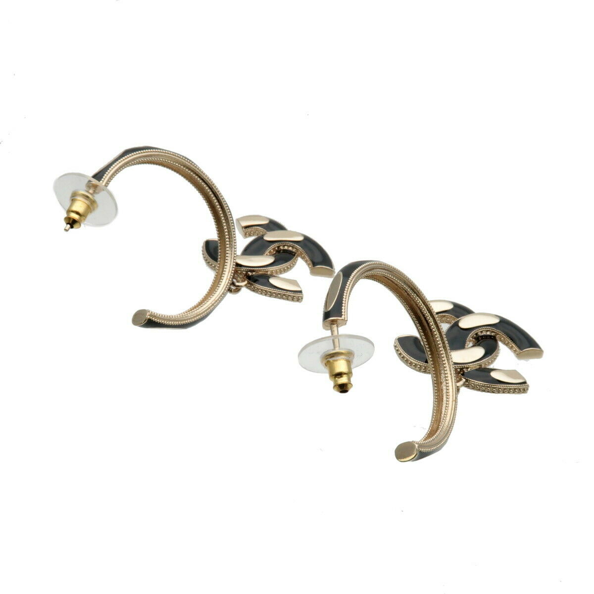 Chanel Coco Mark Hoop Pierced Earrings #291470C10B Authentic CHANEL Coco Mark Hoop Earrings Gold Black A21A  main image 3