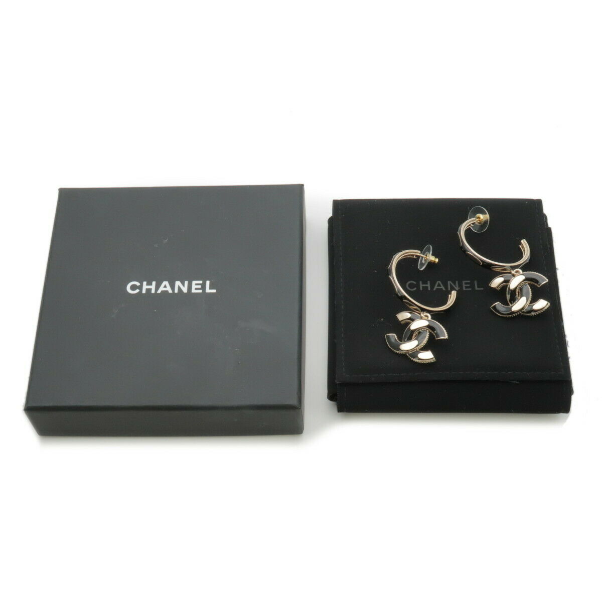 Chanel Coco Mark Hoop Pierced Earrings #291470C10B Authentic CHANEL Coco Mark Hoop Earrings Gold Black A21A  main image 2