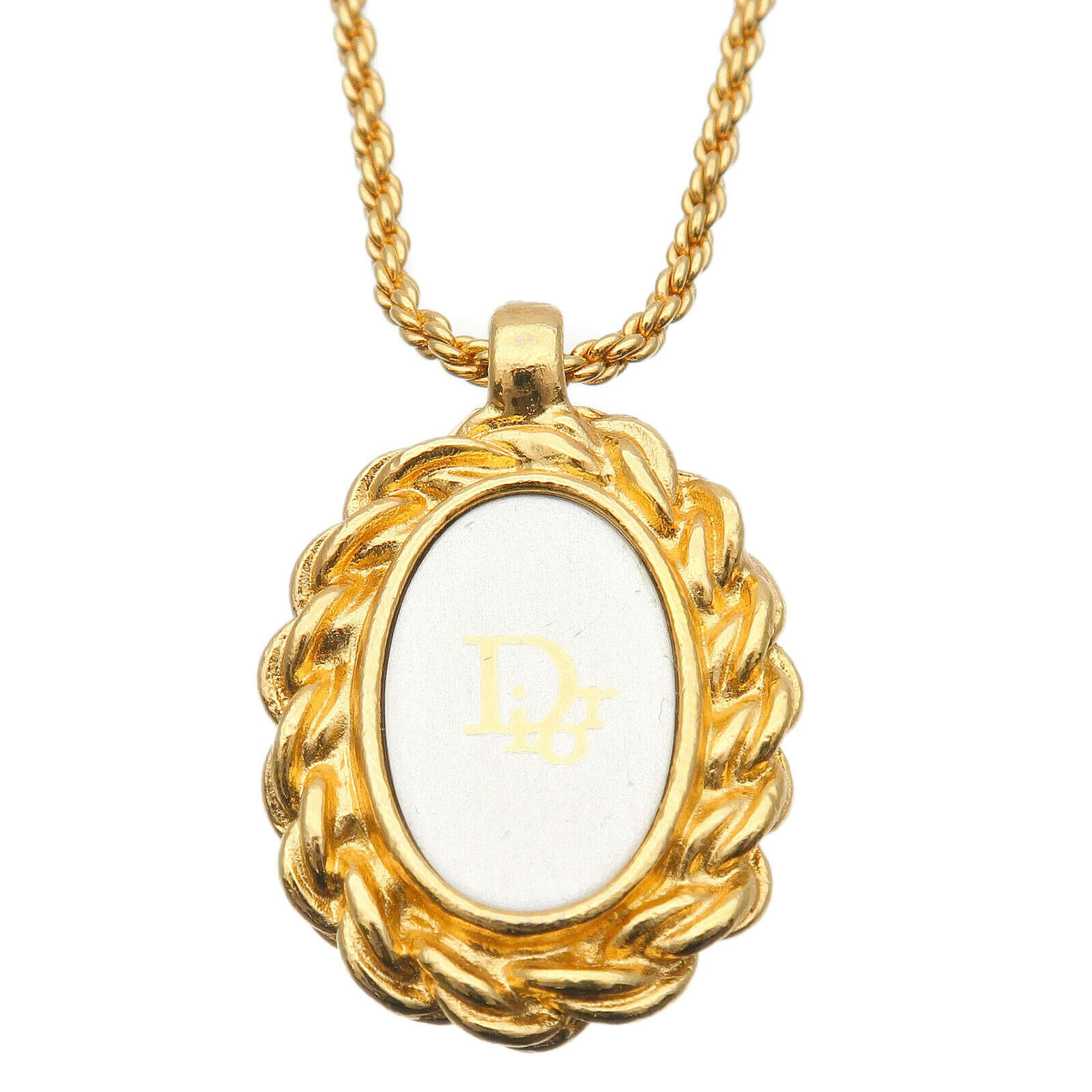 Authentic Christian Dior Oval Logo Necklace Penadant Gold Silver Used F/S