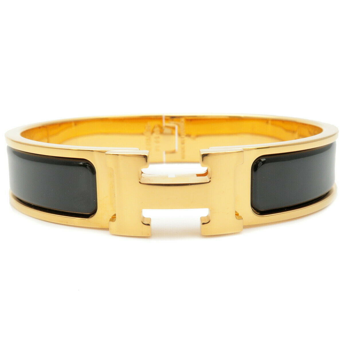 Authentic HERMES Clic Clac PM H logos  Bangle Bracelet Gold Black Used F/S