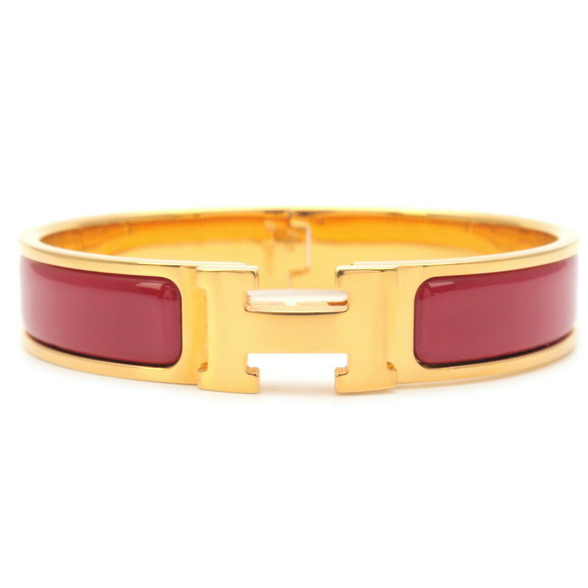 Authentic HERMES Clic Clac PM H logos  Bangle Bracelet Gold Red Used F/S