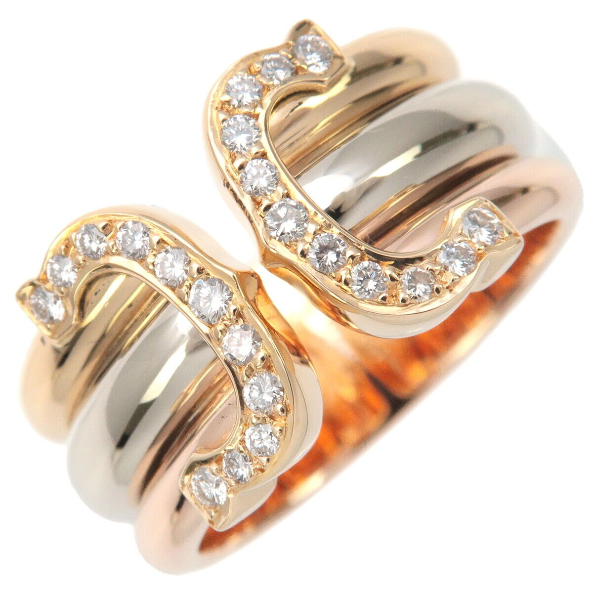 Auth Cartier 2C Diamond Ring LM Three Color K18 YG/WG/PG #51 US 5.5 Used F/S