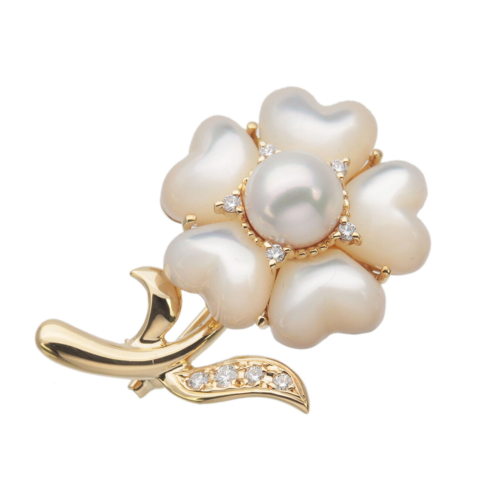 Authentic MIKIMOTO Flower Motif Pearl Shell Diamond Brooch K18YG 750YG Used F/S