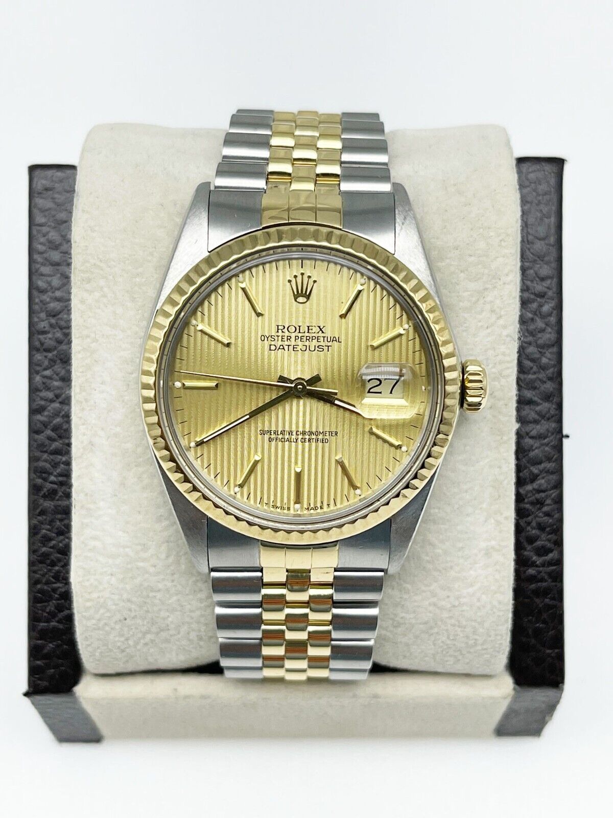 Rolex Datejust Champagne Tapestry Dial 18K Gold Steel Watch