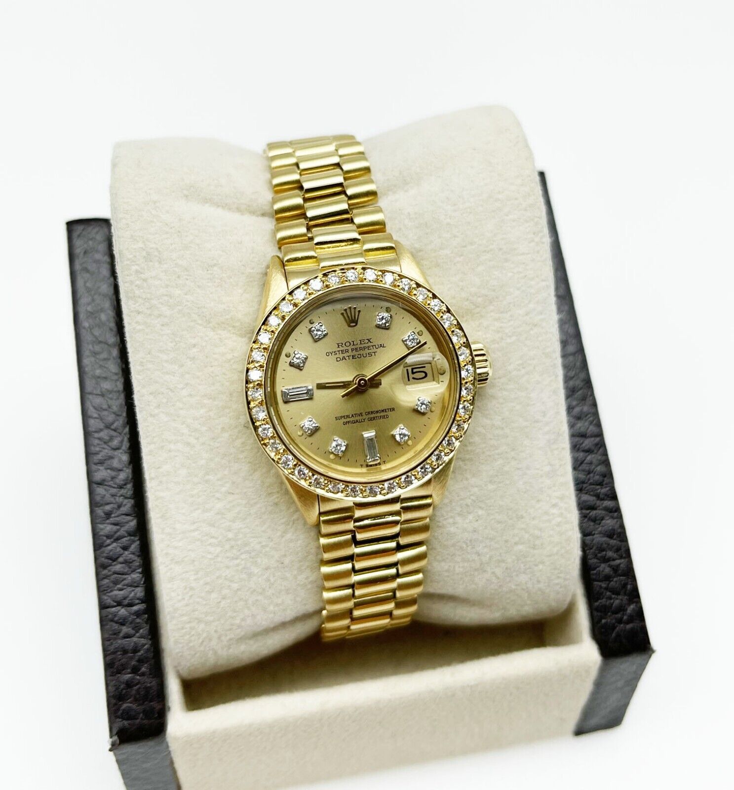 Rolex Ladies President 6917 Champagne Custom Diamond Dial Bezel 18K Yellow Gold