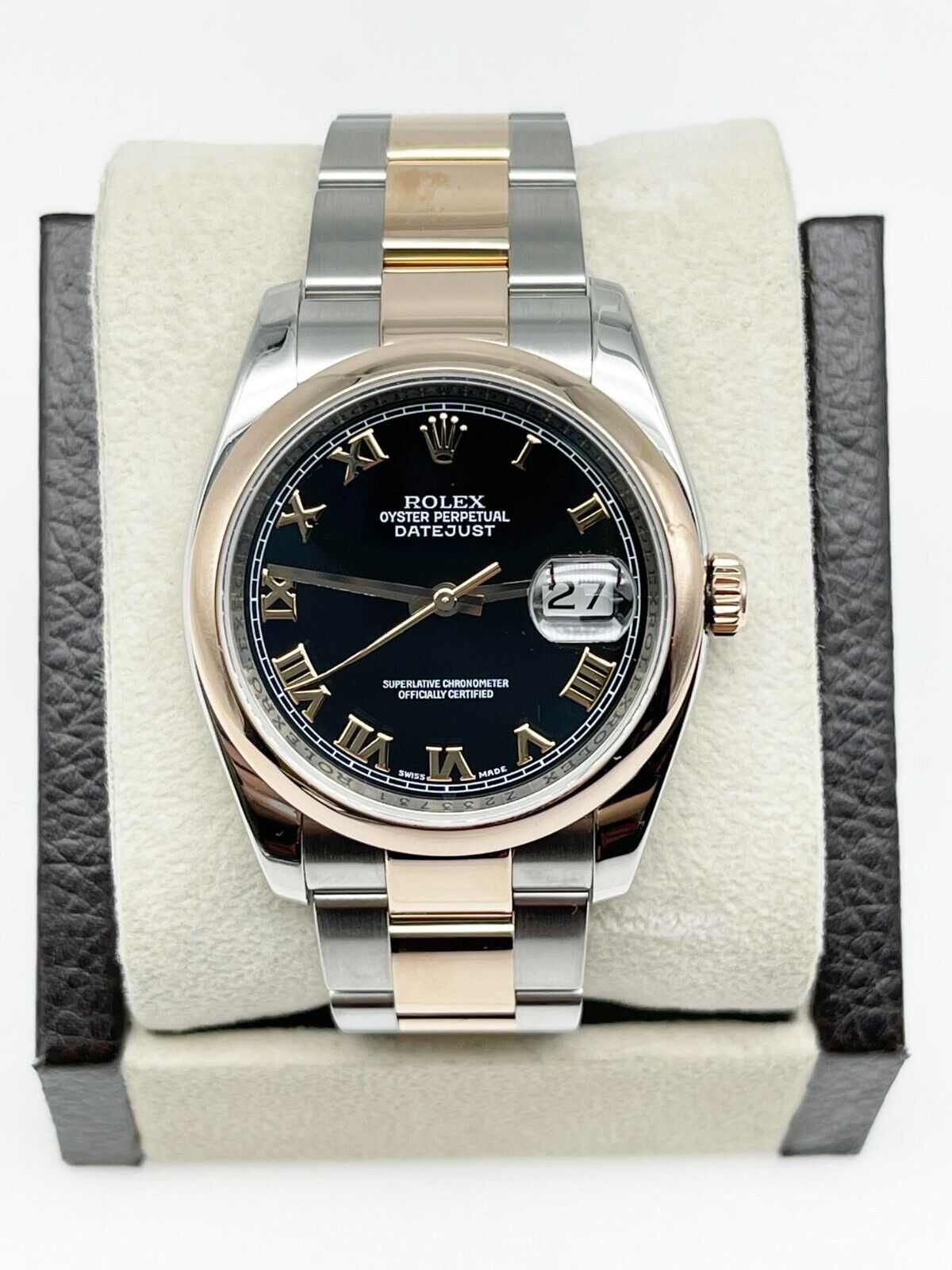 Rolex Datejust  Black Roman Dial 18K Rose Gold Steel