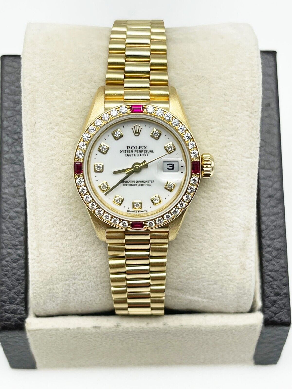 Rolex Ladies President 79068 Factory White Diamond Dial Ruby Bezel 18K Gold